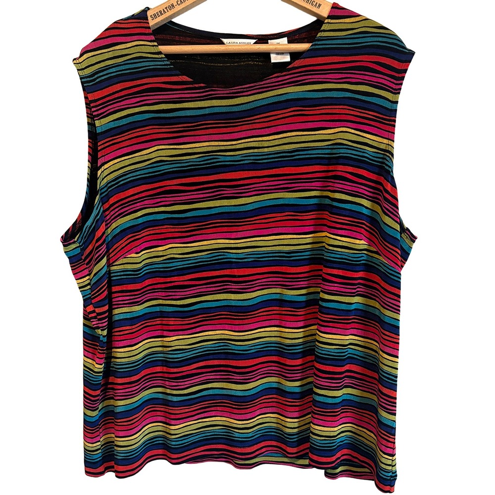 Laura Ashley Sleeveless Tank Rainbow Striped Top Multicolor Womens Plus 2X